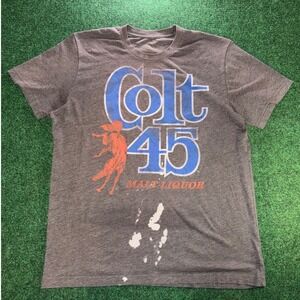 Colt 45 Malt Liquor Graphic T-Shirt Mens Medium Gray Distressed Bleach StainY2K
